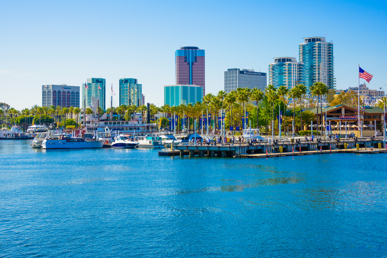 Long Beach California ShoreLine Aquatic Park, waterfront and skyline